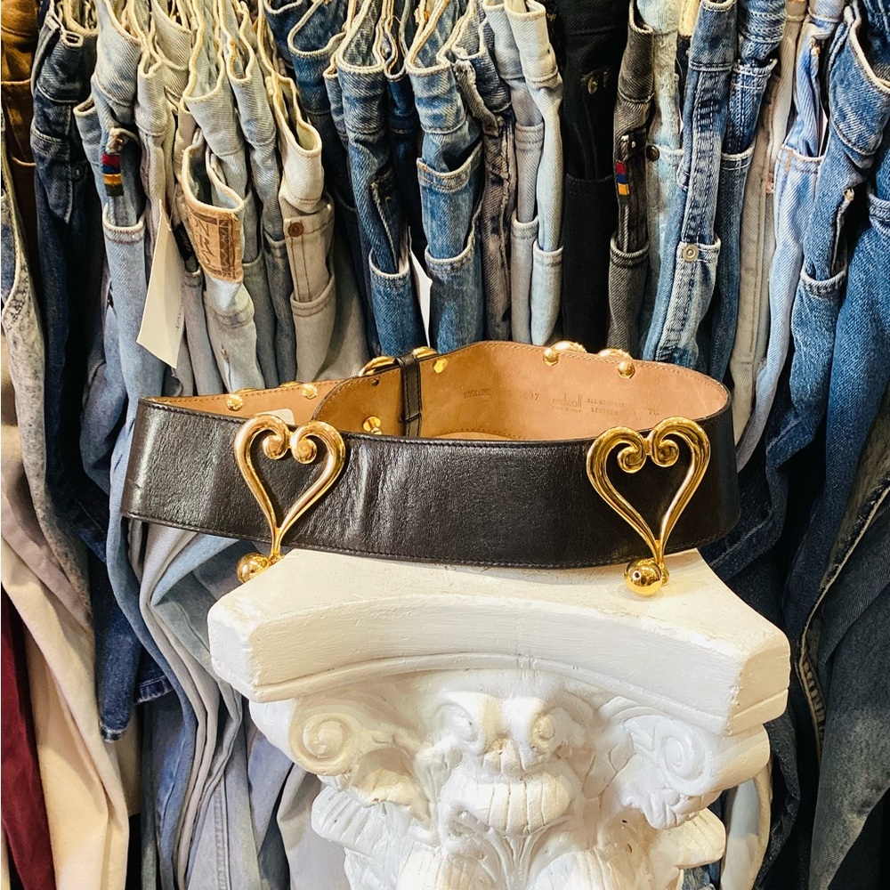 Black Leather Belt with Gold Heart Accents